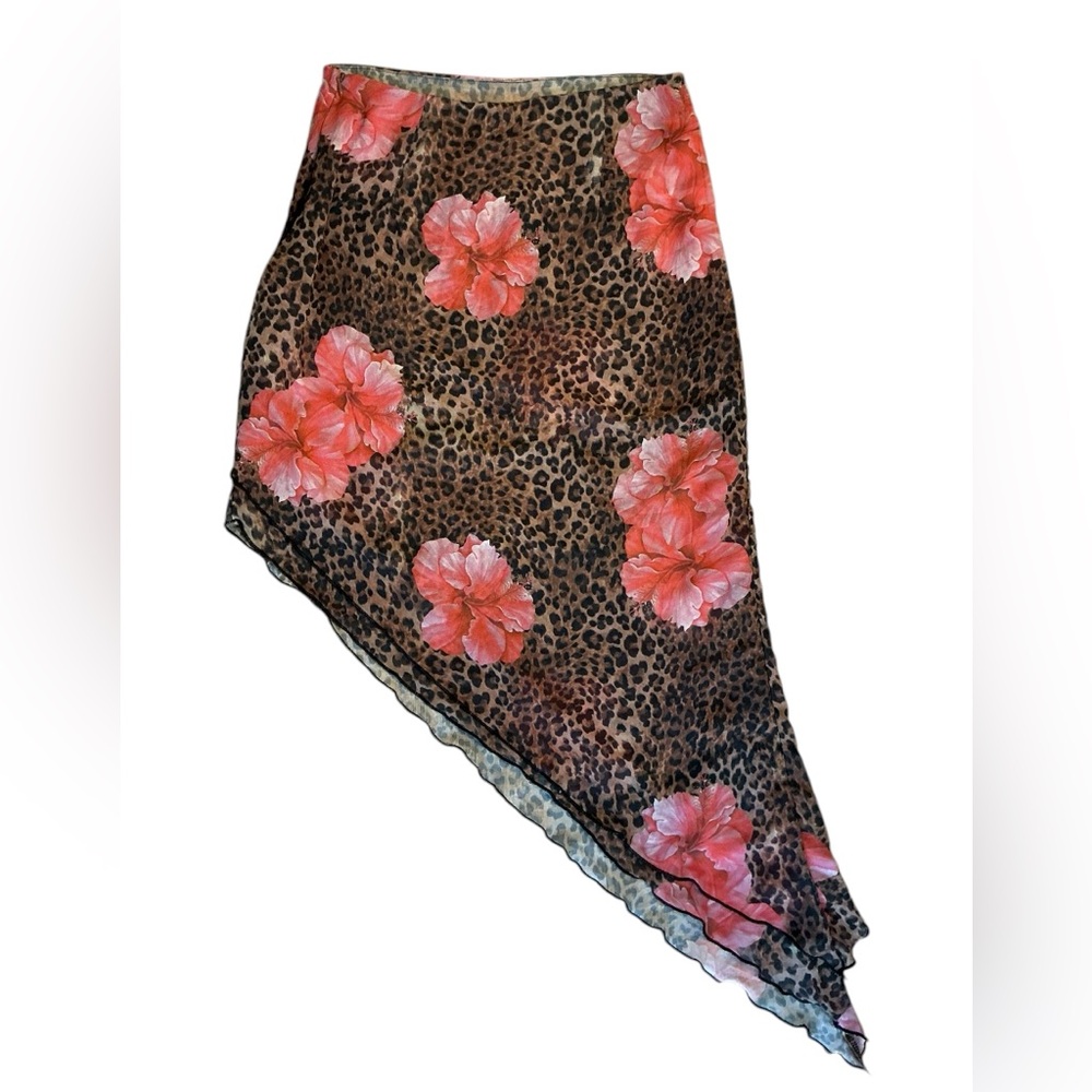 Princess Polly Leopard & Floral Asymmetrical Midi Skirt | Size US 2